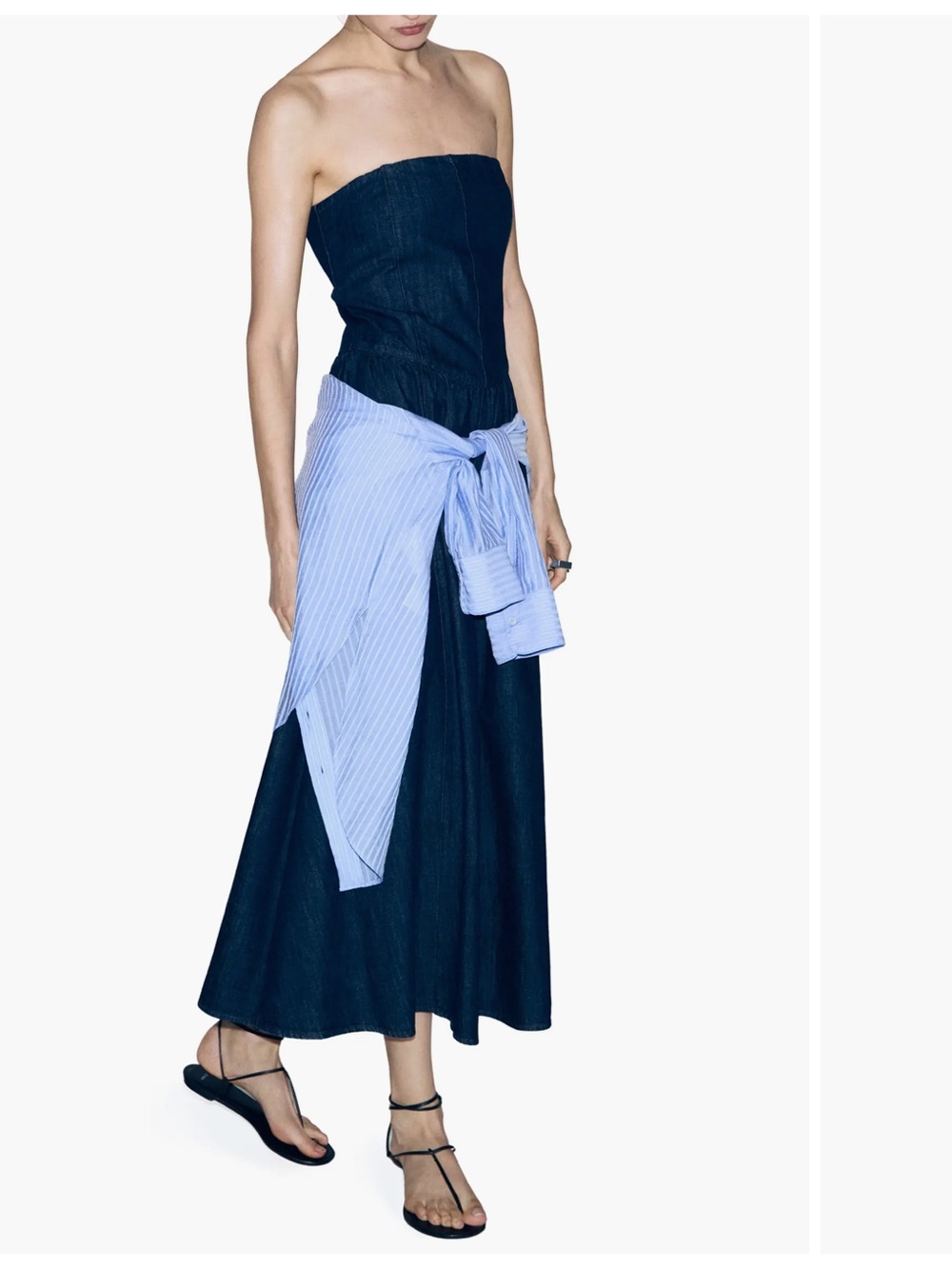 Mango Strapless Dark Blue Denim Maxi Dress with Light Blue Waist Shirt Detail